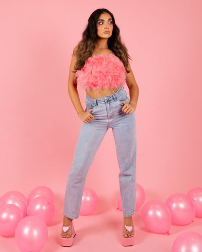 Strapless Feather Crop Top - Pink