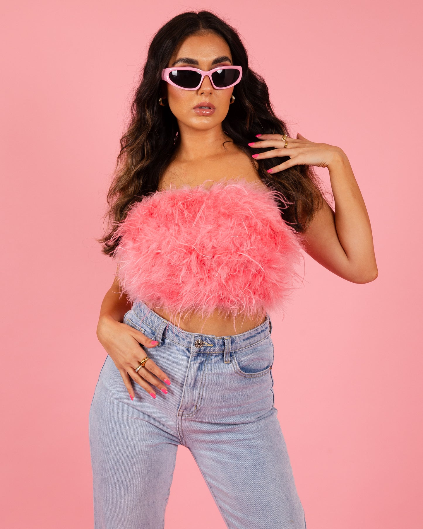 Strapless Feather Crop Top - Pink