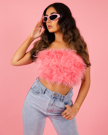 Strapless Feather Crop Top - Pink