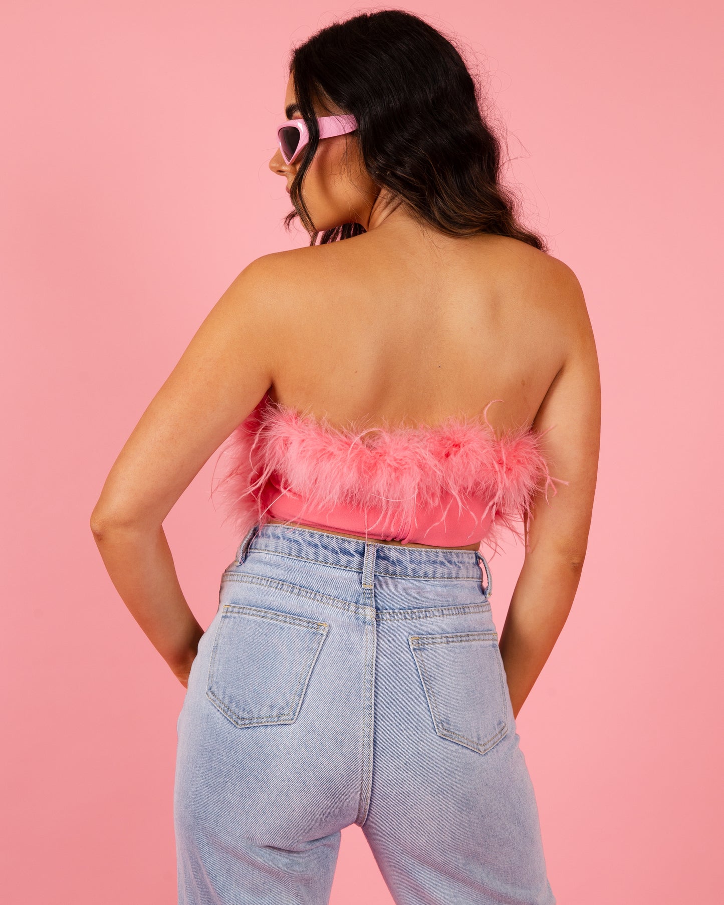 Strapless Feather Crop Top - Pink