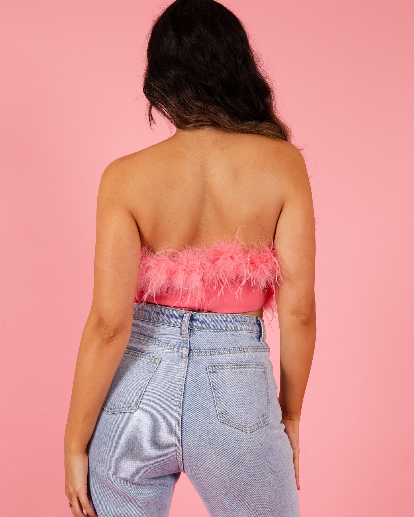 Strapless Feather Crop Top - Pink