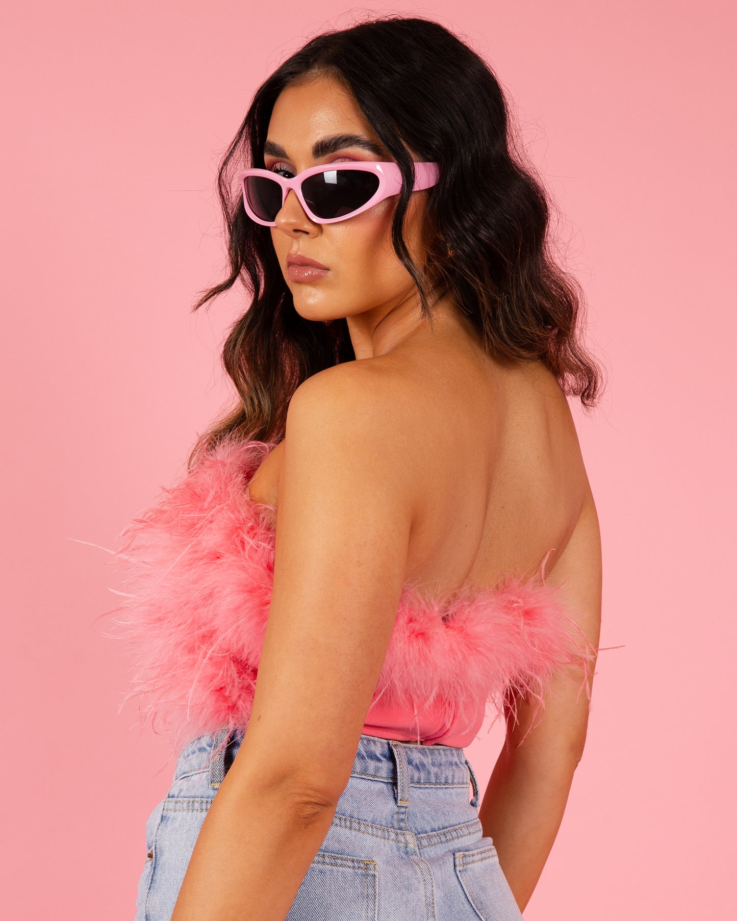 Strapless Feather Crop Top - Pink