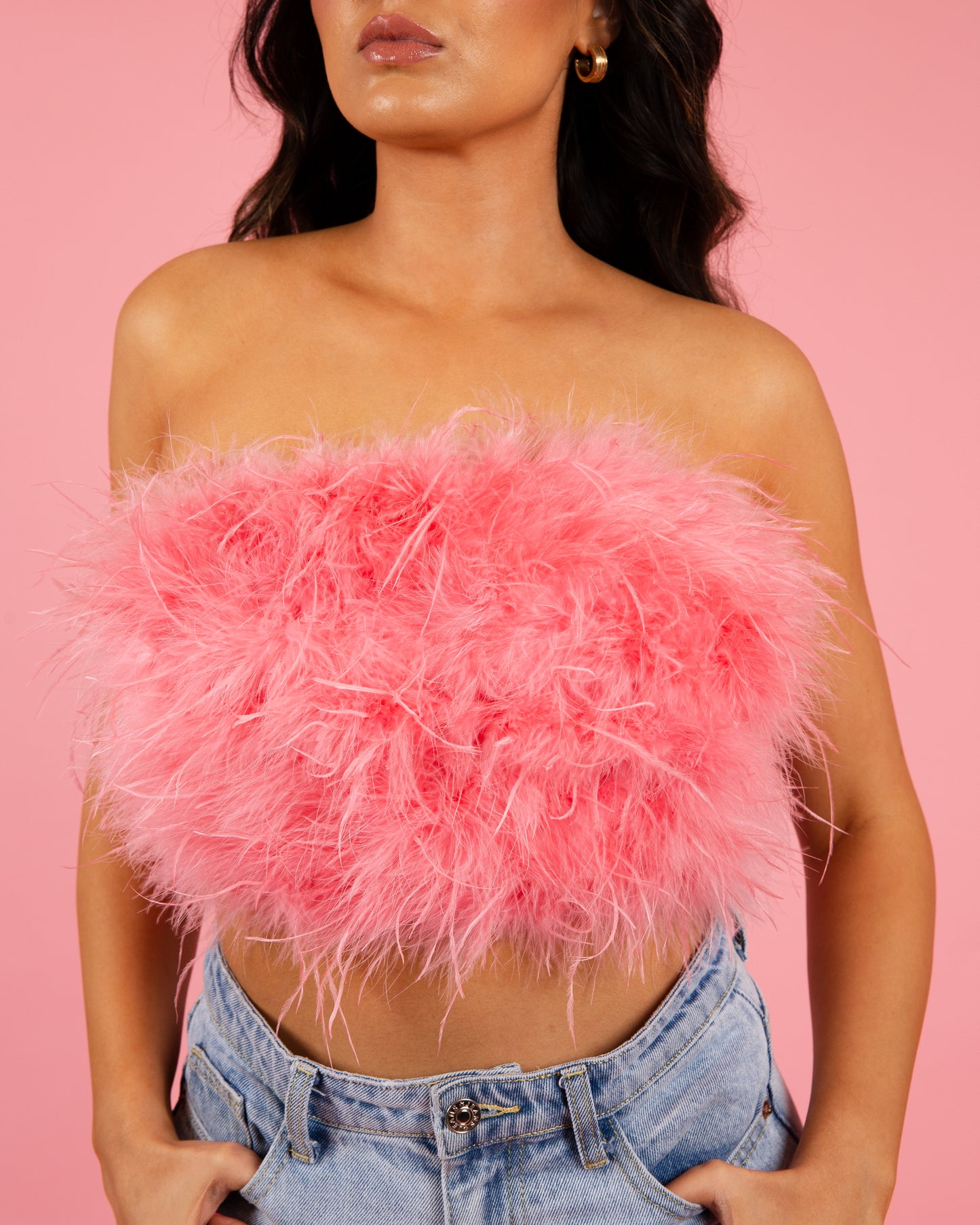 Strapless Feather Crop Top - Pink