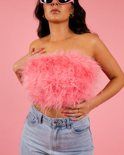 Strapless Feather Crop Top - Pink